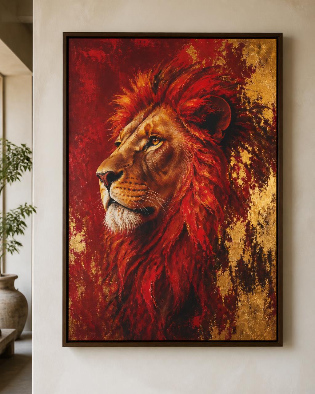 Rang Vastu Red Lion wall painting in a dark wooden frame