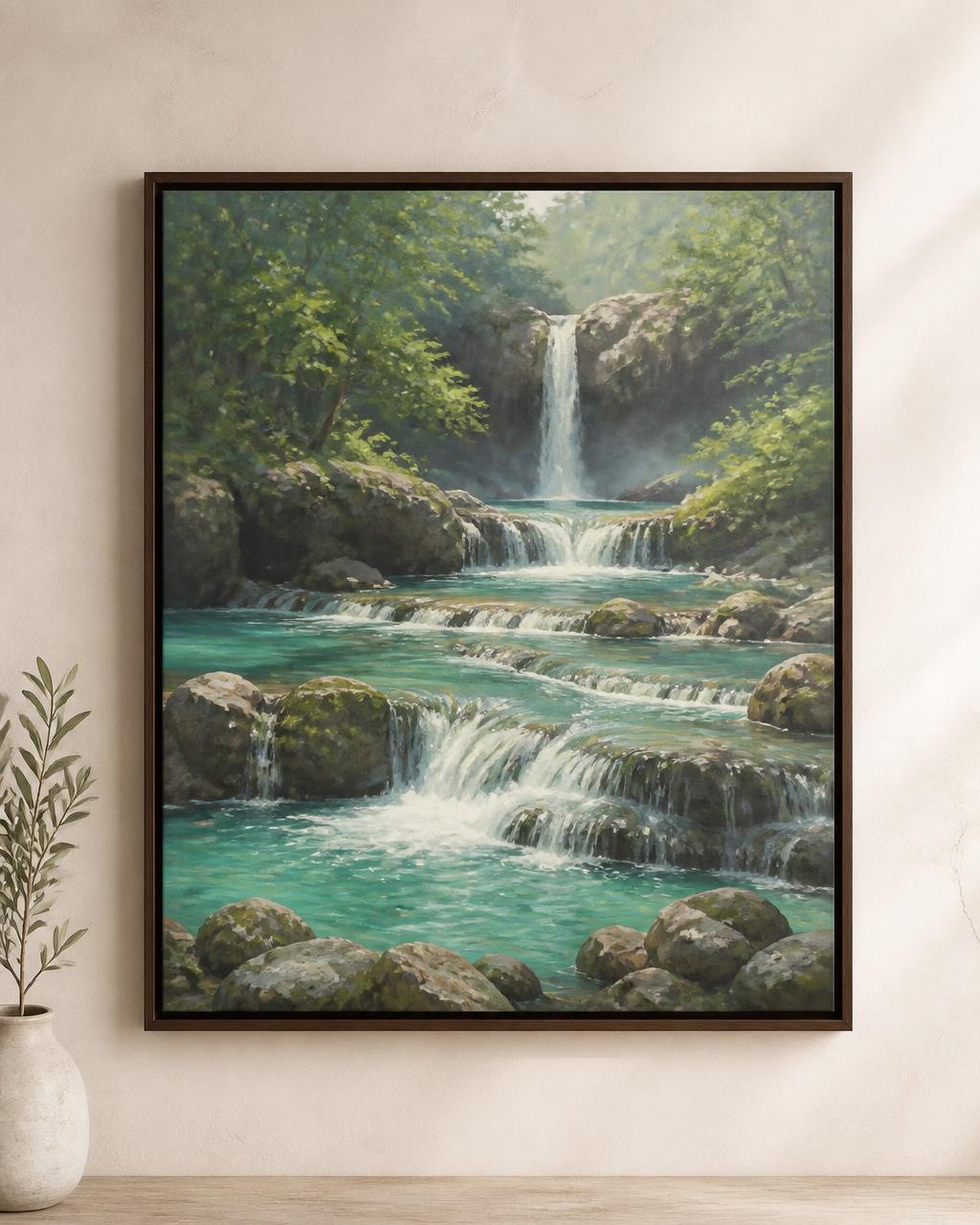 Rang Vastu Waterfall painting in a dark wooden frame